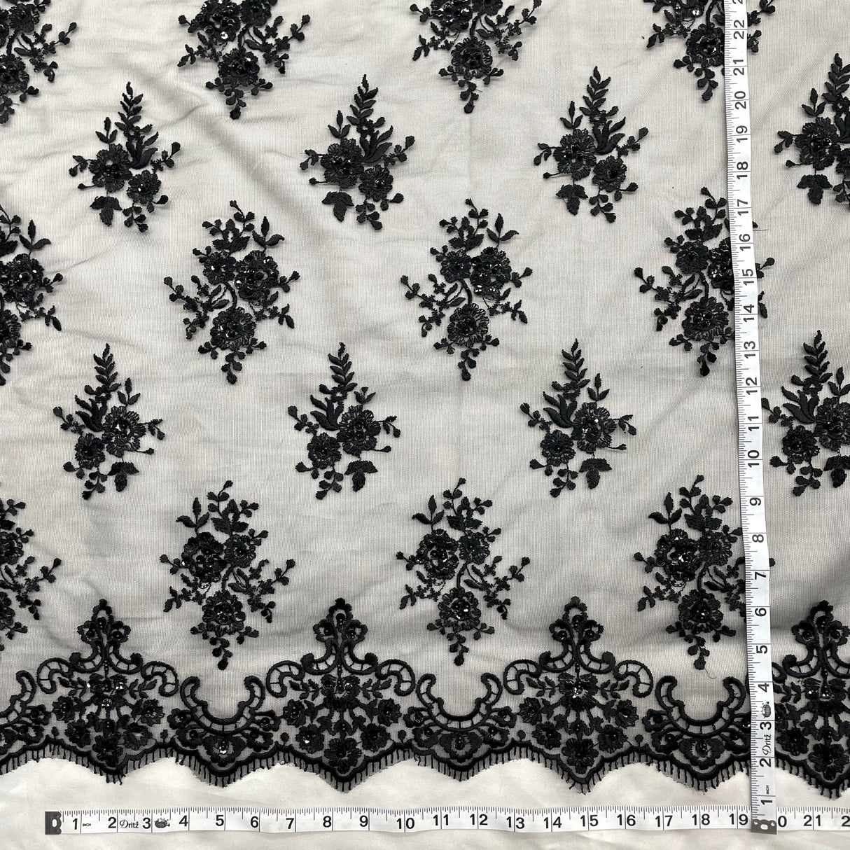 Beaded Embroidered Lace Black Mesh