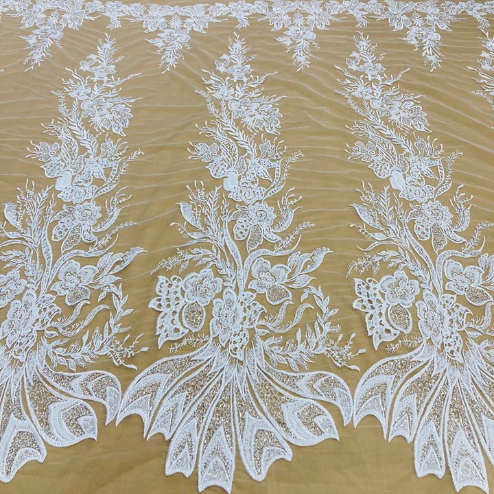 1 Yard Elegant Beaded and Sequined Lace Fabric Embroidered on 100% Polyester Net Mesh White