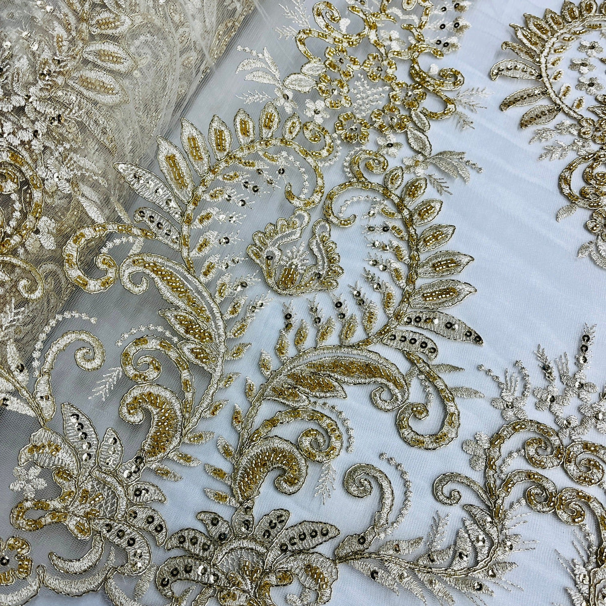 Beaded Corded Bridal Lace Fabric - Embroidered Floral Design, 52" Width (1 Yard)