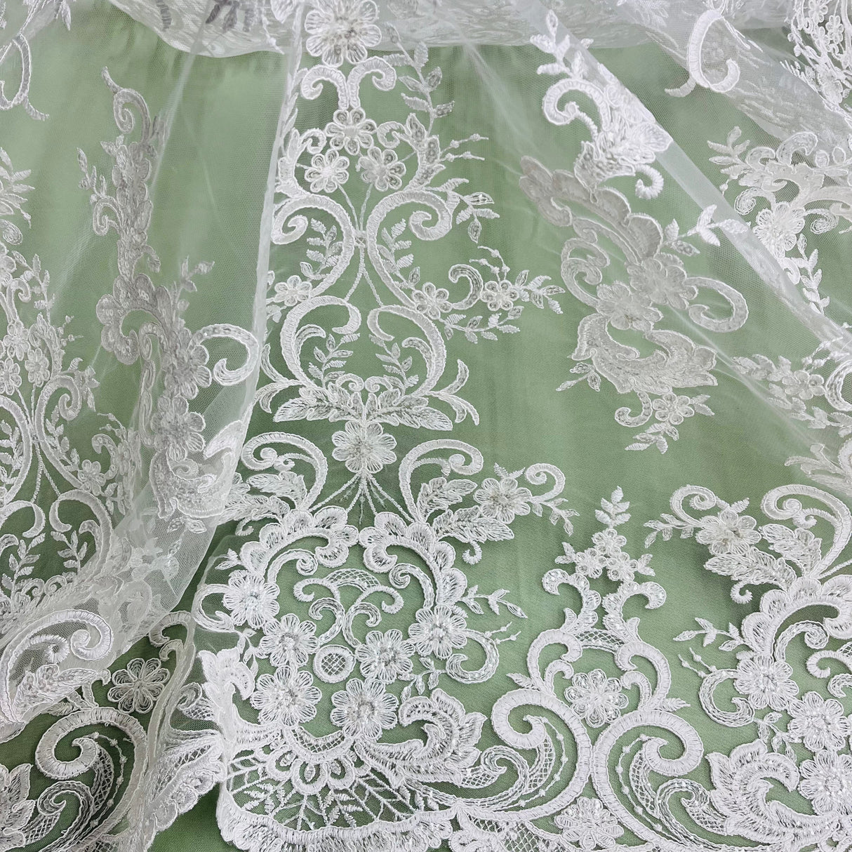 Ethereal Elegance Beaded Corded Bridal Embroidered Lace Polyester Fabric - White, Gold, Ivory, Silver, Rose Gold, 54" Width (1 Yard)