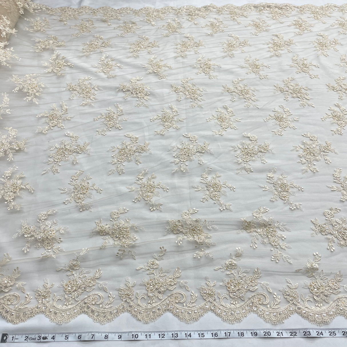 Beaded Corded Bridal Lace Fabric - Embroidered Polyester Net Mesh, Pearl Sequin Detail, 54" Width (1 Yard)