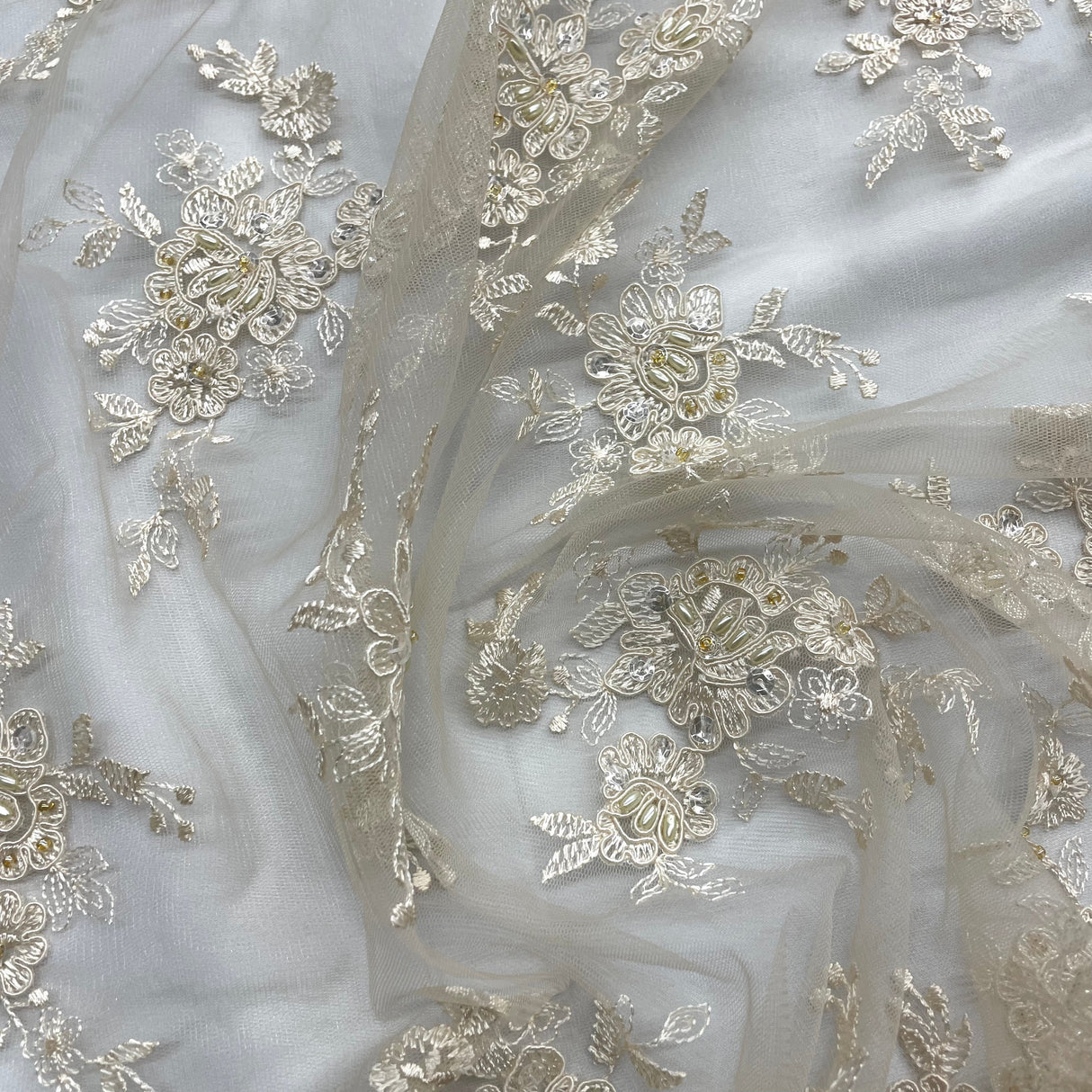 Beaded Corded Bridal Lace Fabric - Embroidered Polyester Net Mesh, Pearl Sequin Detail, 54" Width (1 Yard)