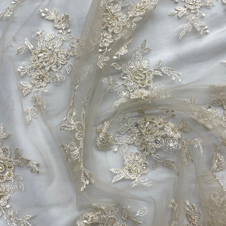Beaded Corded Bridal Lace Fabric - Embroidered Polyester Net Mesh, Pearl Sequin Detail, 54" Width (1 Yard)