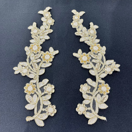 Beaded Corded Floral Lace Applique 10" x 3"