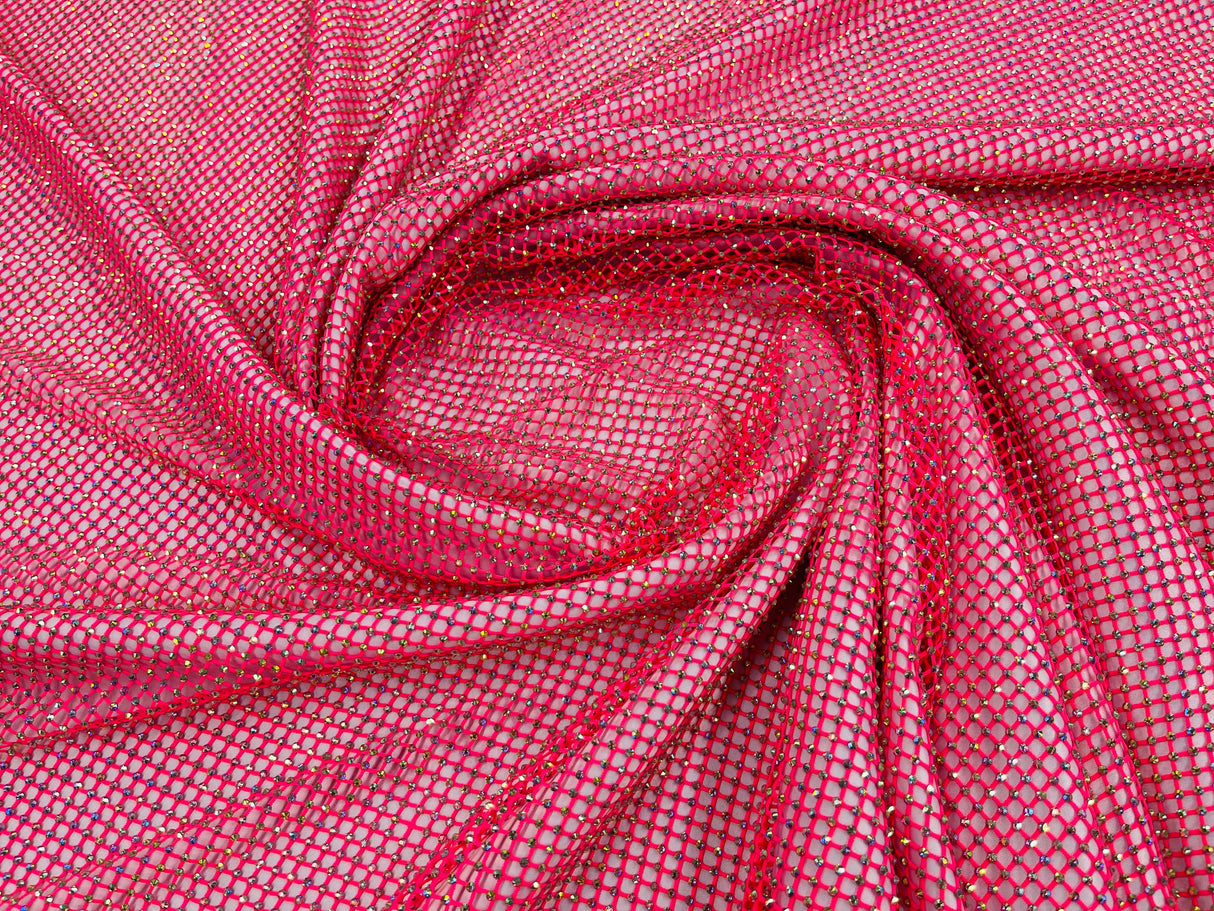 AB Rhinestones On A Fish Net Polyester Fabric - Iridescent Rhinestone Mesh, 1 Yard