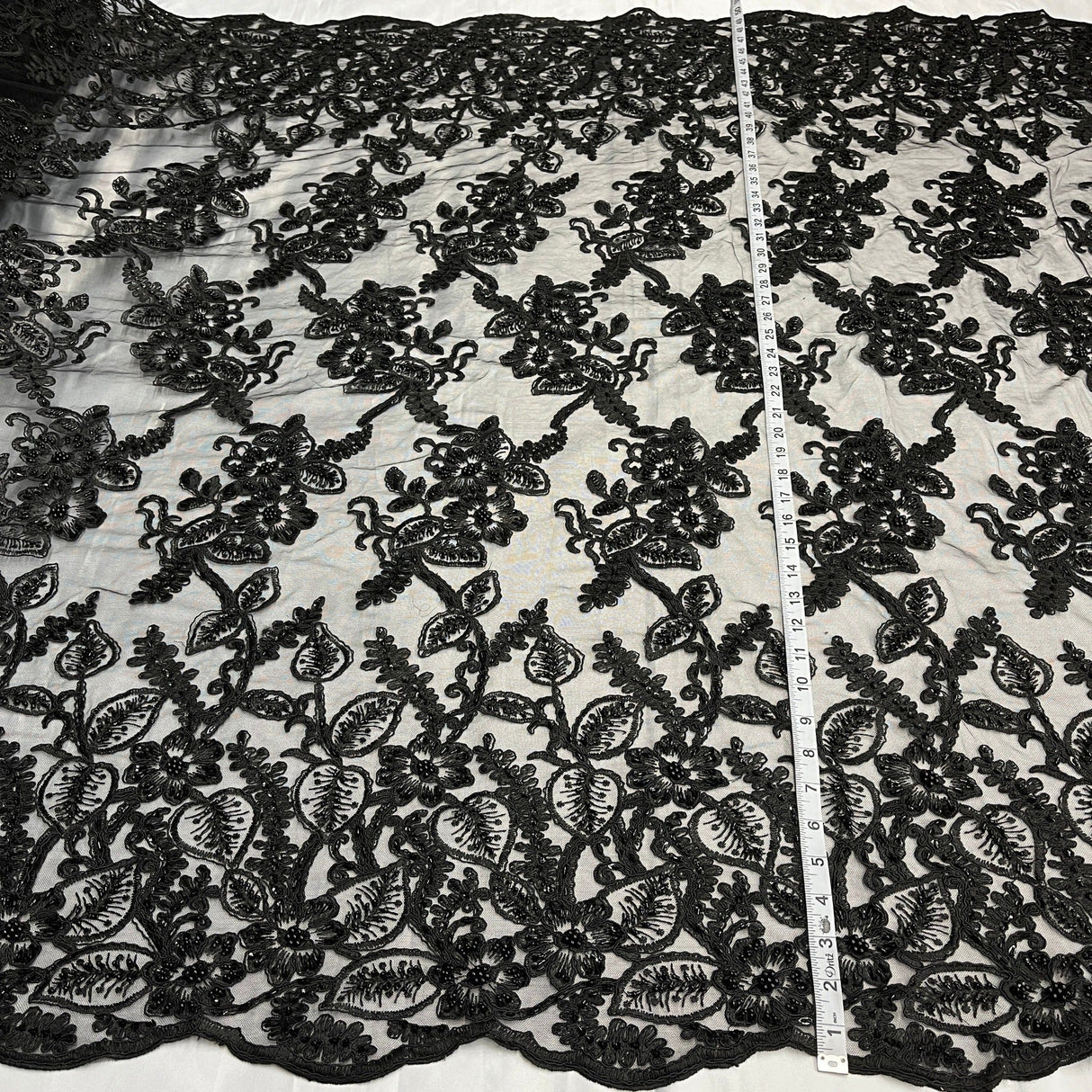 Beaded Corded Lace Fabric on Polyester Net Mesh