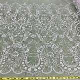 Beaded Lace Fabric Embroidered On 100 Percent Polyester Net Mesh - White, Ivory, Antique Silver, 51" Width (1 Yard)