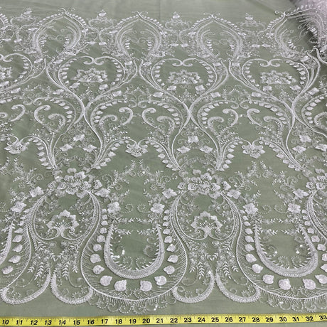 Beaded Lace Fabric Embroidered On 100 Percent Polyester Net Mesh - White, Ivory, Antique Silver, 51" Width (1 Yard)