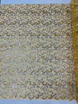 Angela Metallic Corded Lace Fabric - Embroidered Sequins Mesh Lace, Double Scallop Edge, 50-54" Width (1 Yard)
