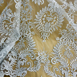 1 Yard Silver Corded Bridal Lace Fabric Embroidered on Polyester Net Mesh Floral Design 52 Inch Width