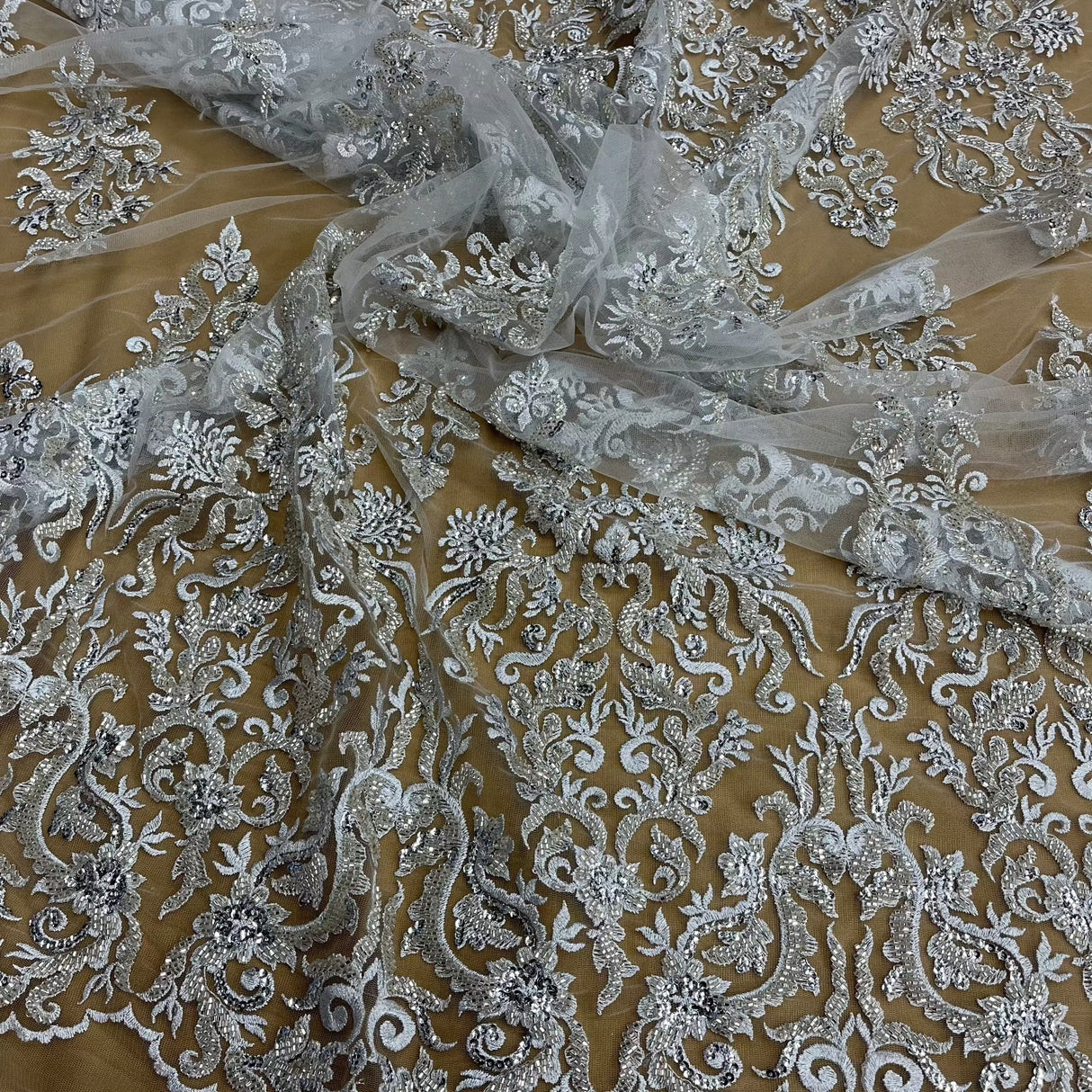 Beaded Sequined Lace Fabric Ivory