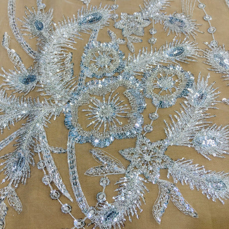 Beaded Sequined Lace Fabric Ivory Silver