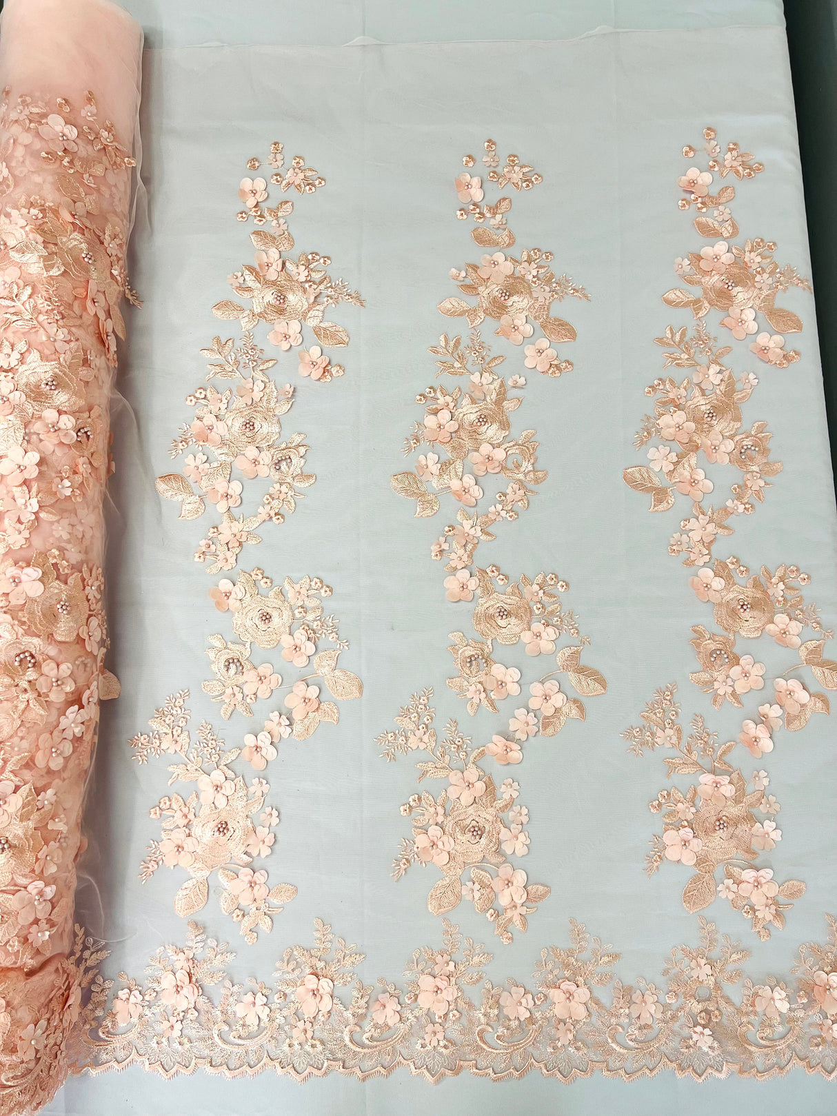 Scarlet 3D Floral Design Lace Fabric - Embroidered Beaded Mesh Lace, Double Scallop, 54" Width (1 Yard)