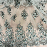 3D Floral Beaded Rhinestone Polyester Lace Fabric - Black, Silver, Pink, 3D Floral Embroidery, 54" Wide (1 Yard)