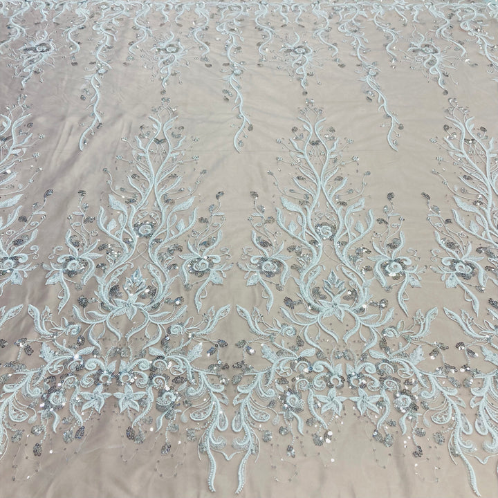 1 Yard Exquisite Beaded Lace Fabric Embroidered on 100% Polyester Net Mesh White