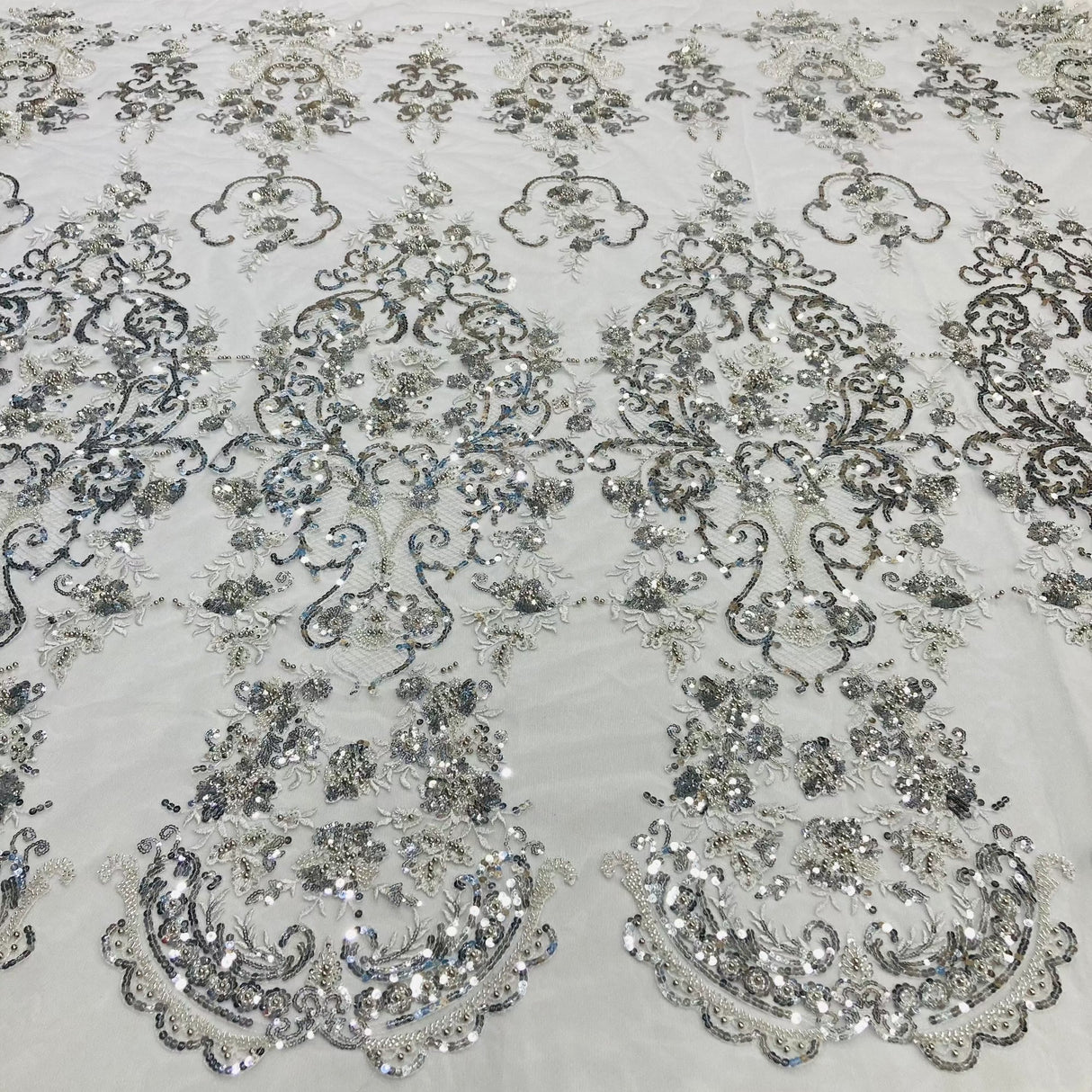 Beaded Lace Fabric on Polyester Net Mesh