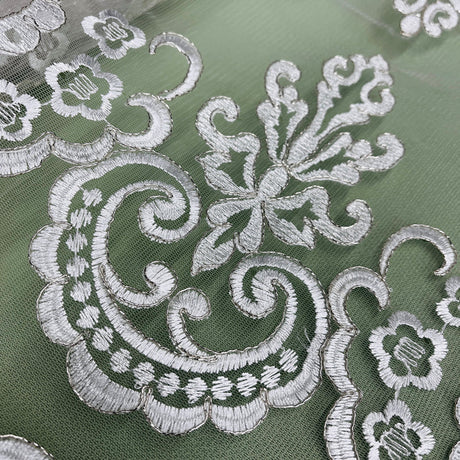 1 Yard Luxurious Corded Bridal Lace Fabric with Floral Embroidery White