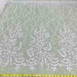 Beaded Lace Fabric - Embroidered 100 Percent Polyester Net Mesh, White, Ivory, Antique Silver, 56" Width (1 Yard)