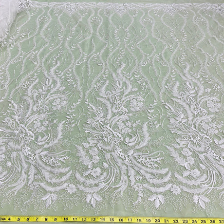 Beaded Lace Fabric - Embroidered 100 Percent Polyester Net Mesh, White, Ivory, Antique Silver, 56" Width (1 Yard)