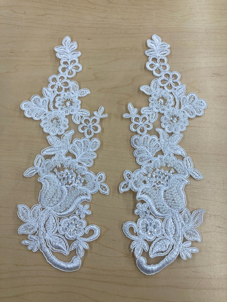 Beaded Corded Floral Lace Applique 100% Polyester Net Mesh 10" x 3.5"