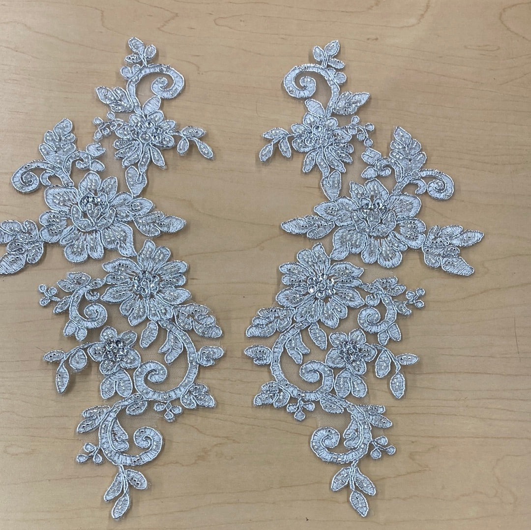 Beaded Corded Floral Lace Applique on Polyester Net Mesh