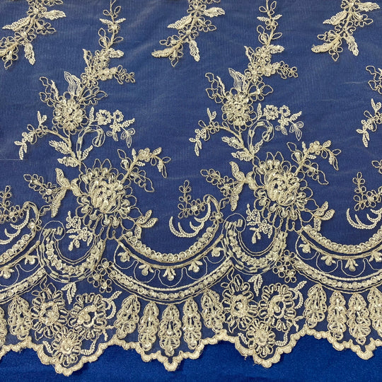 1 Yard Beaded and Corded Bridal Fabric Lace Embroidered on Polyester Net Mesh 51 inch Width