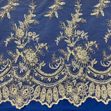 1 Yard Beaded and Corded Bridal Fabric Lace Embroidered on Polyester Net Mesh 51 inch Width