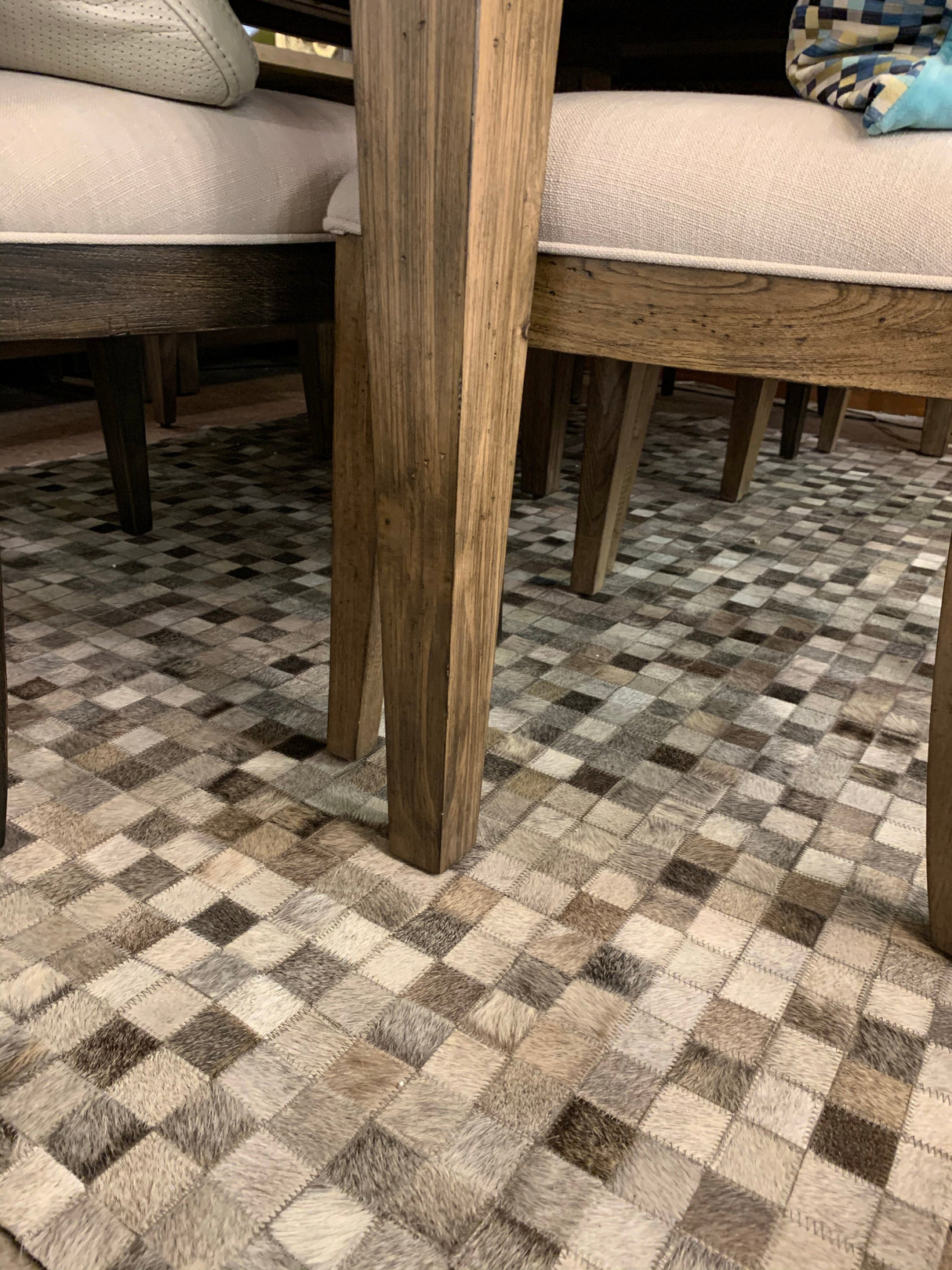 Natural Cowhide Leather Patchwork Tile Area Rug - 100 Percent Real Cowhide Fabric, Patchwork, Natural Multi Color, Handmade, Area Rug (1 Unit)