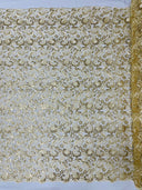 Angela Metallic Corded Lace Fabric - Embroidered Sequins Mesh Lace, Double Scallop Edge, 50-54" Width (1 Yard)