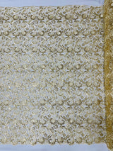 Angela Metallic Corded Lace Fabric - Embroidered Sequins Mesh Lace, Double Scallop Edge, 50-54" Width (1 Yard)