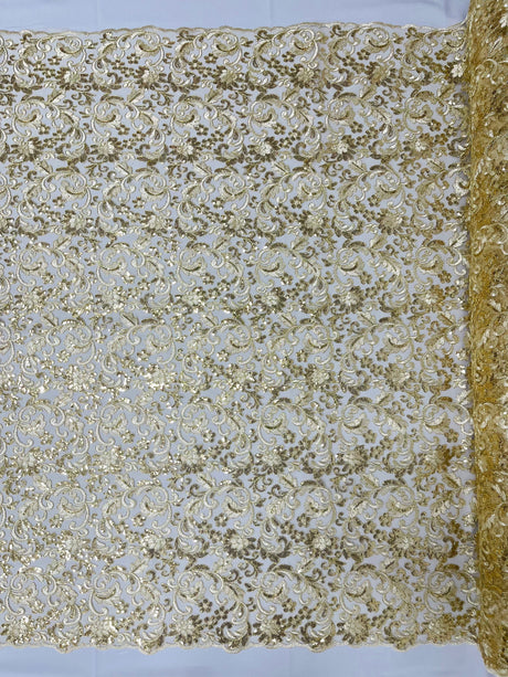 Angela Metallic Corded Lace Fabric - Embroidered Sequins Mesh Lace, Double Scallop Edge, 50-54" Width (1 Yard)