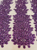 New Vegas Heavy Beaded Feather Design Embroidery Mesh Fabric - Beaded Feather Design, 11" Width, 50" Length (1 Panel)