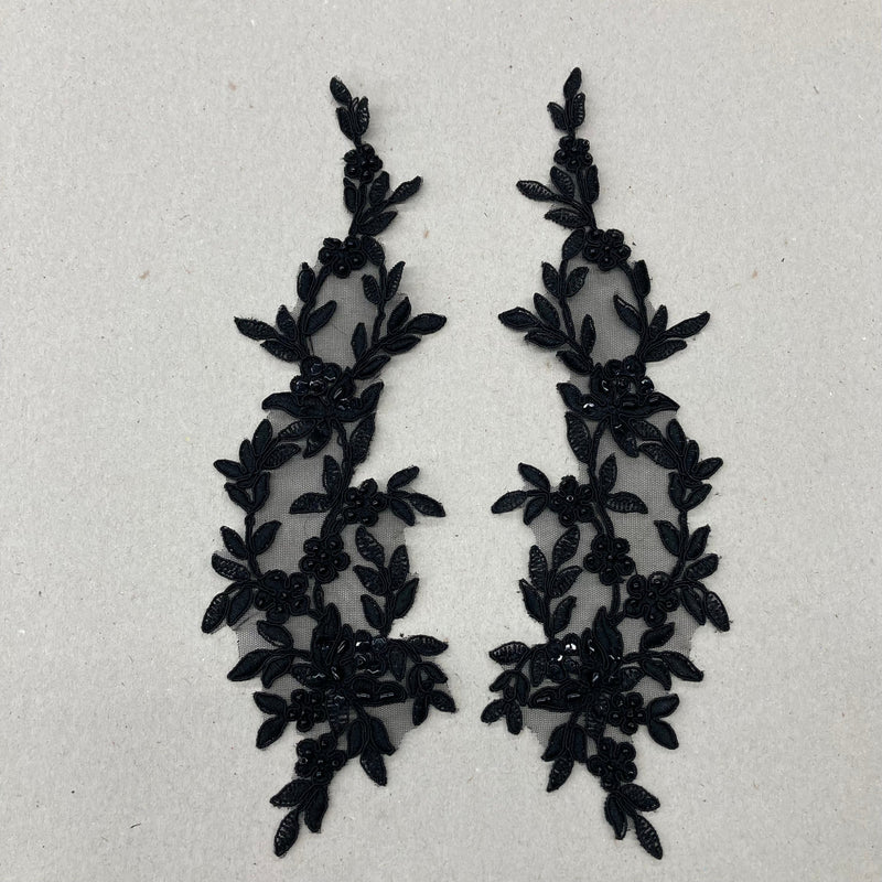 Beaded Corded Floral Lace Applique 100 Percent Polyester Fabric - Black, Metallic Gold, Metallic Silver, Floral Embroidered Net Mesh, 13" X 4" (1 Pair)