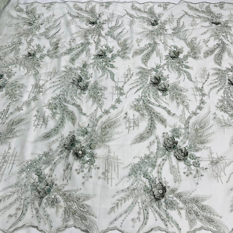 GD-2266 Beaded Rhinestone 3D Floral Lace Polyester Fabric - Plum, 3D Floral Embroidery, 50" Width (1 Yard)