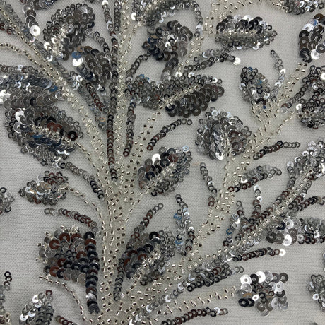 Beaded Sequined Lace Fabric - Embroidered On 100% Polyester Net Mesh, Silver, Rose Gold, 54" Width (1 Yard)