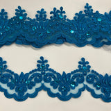 Beaded & Corded Lace Trimming Embroidered On 100% Polyester Organza Fabric - Aqua, 3" Width (1 Yard)