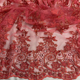 1 Yard Beaded and Corded Bridal Lace Fabric Embroidered on Polyester Net Mesh