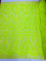 Heart Sequin Damask Polyester Fabric - Heart Damask, Iridescent Sequins, 54" Width (1 Yard)