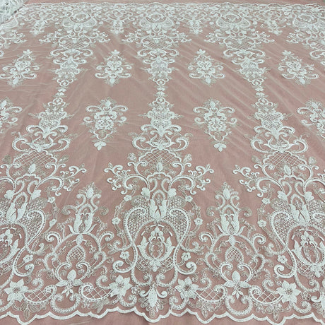 1 Yard Beaded & Sequined Lace Fabric Embroidered on 100% Polyester Net Mesh Ivory