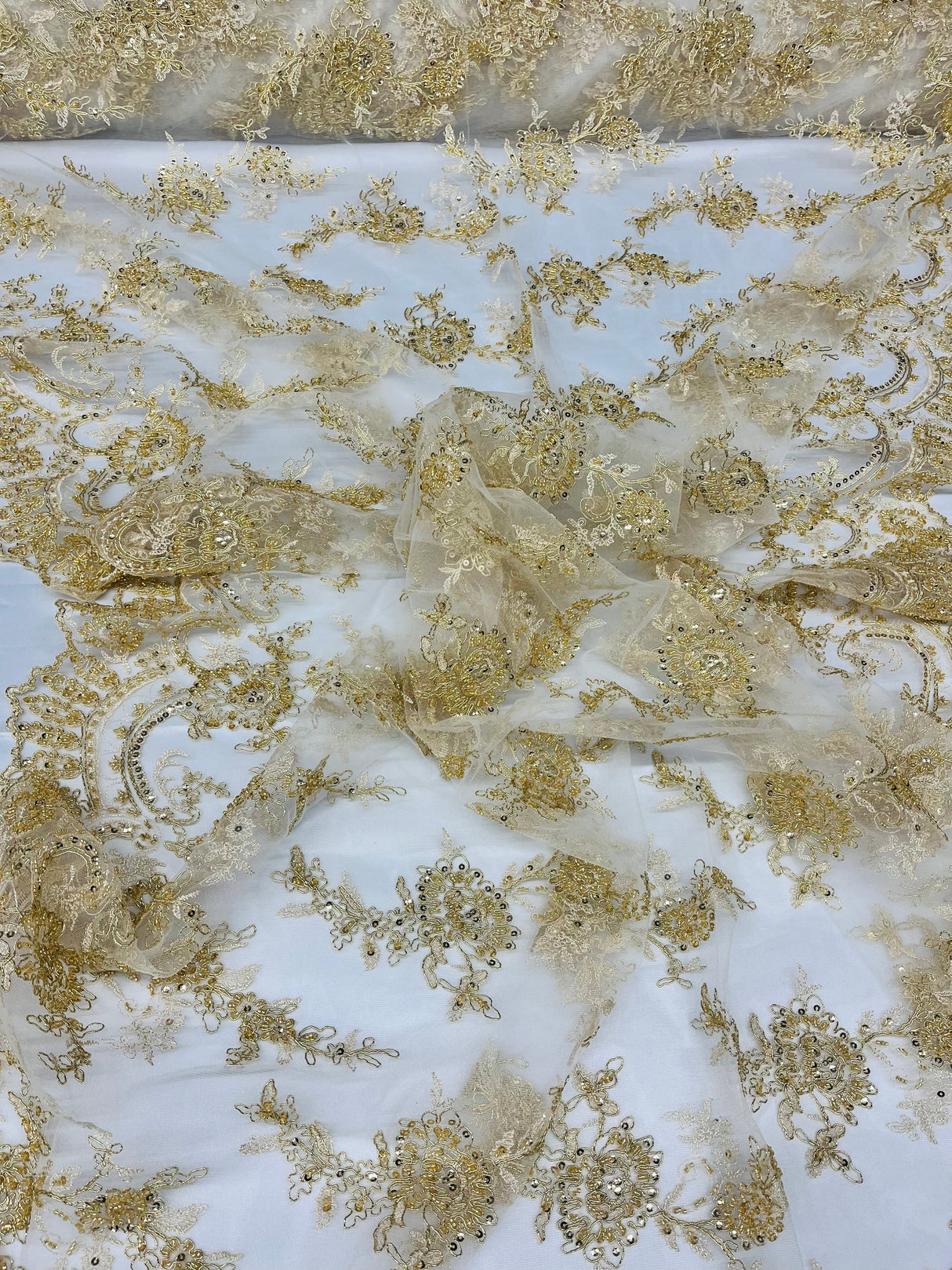 Beaded & Corded Bridal Polyester Lace Fabric - Embroidered Net Mesh, 51" Width (1 Yard)