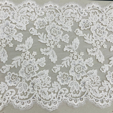 Double Sided Beaded & Corded Lace Trim Polyester Fabric - Embroidered Couture Lace, 14.5" Width (1 Yard)