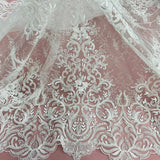 1 Yard Beaded & Corded Bridal Lace Fabric Embroidered on 100% Polyester Net Mesh