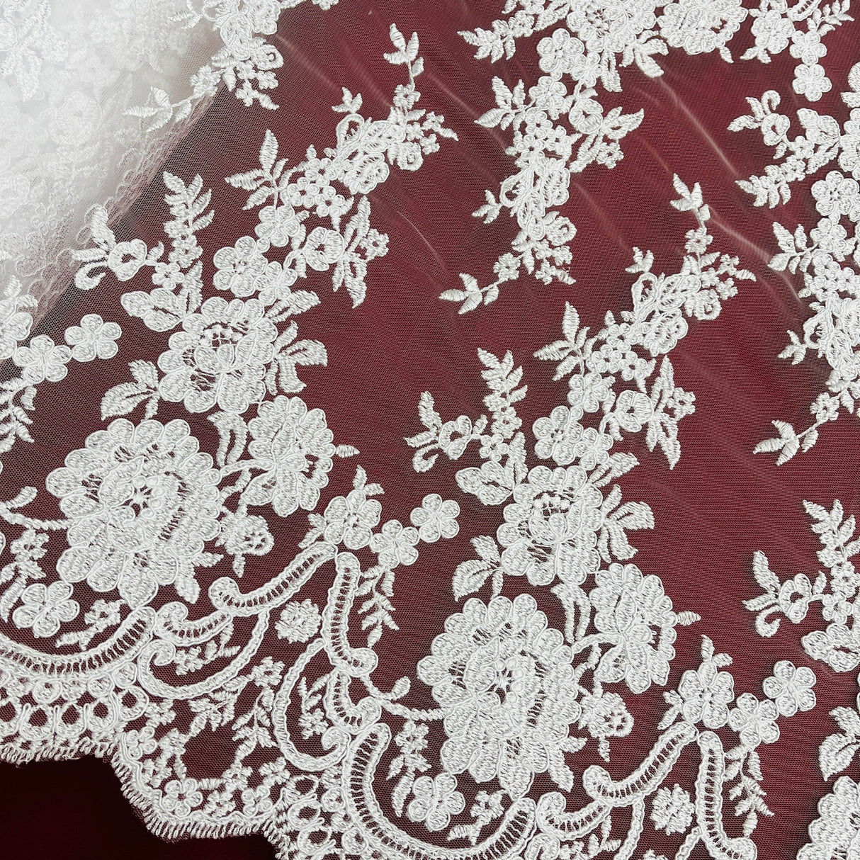 Corded Bridal Lace Polyester Fabric - Embroidered Floral Design, 50" Width (1 Yard)