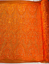 Heart Sequin Damask Polyester Fabric - Heart Damask, Iridescent Sequins, 54" Width (1 Yard)