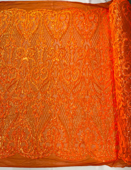 Heart Sequin Damask Polyester Fabric - Heart Damask, Iridescent Sequins, 54" Width (1 Yard)