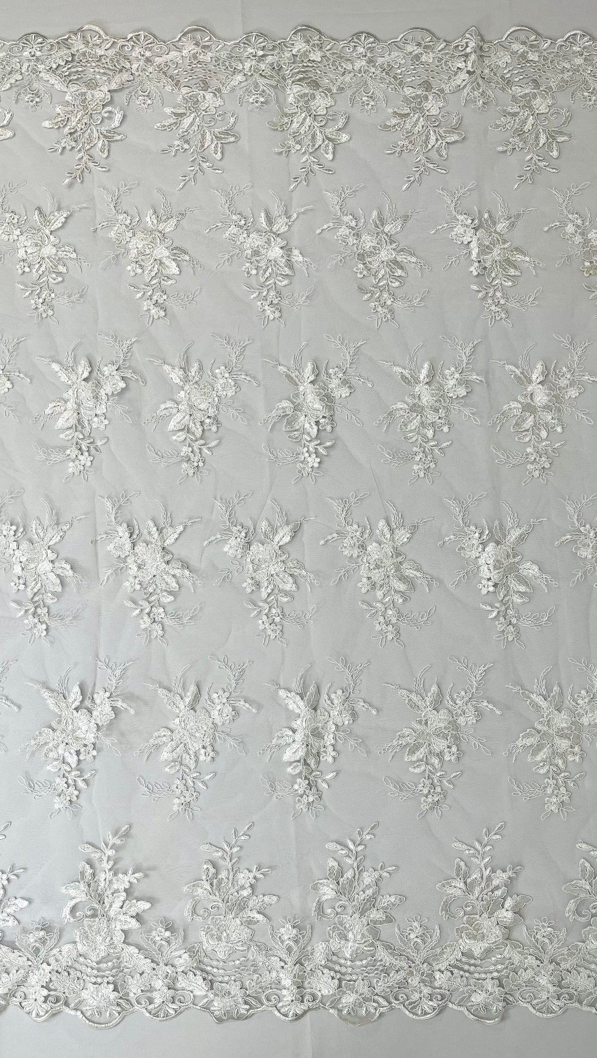 Valentina Embroider Floral Lace Polyester Fabric - Corded Floral Embroidery With Sequins, Mesh Lace, Double Scallop Edge, 50-54" Width (1 Yard)