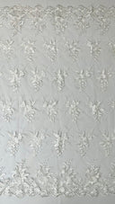 Valentina Embroider Floral Lace Polyester Fabric - Corded Floral Embroidery With Sequins, Mesh Lace, Double Scallop Edge, 50-54" Width (1 Yard)