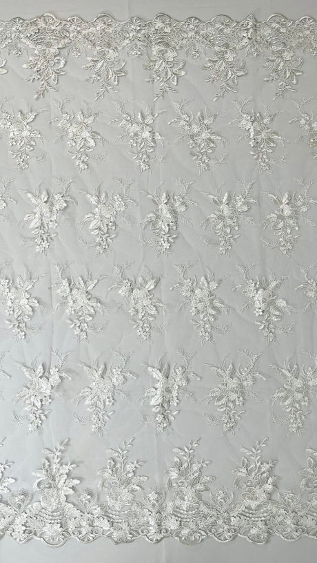 Valentina Embroider Floral Lace Polyester Fabric - Corded Floral Embroidery With Sequins, Mesh Lace, Double Scallop Edge, 50-54" Width (1 Yard)