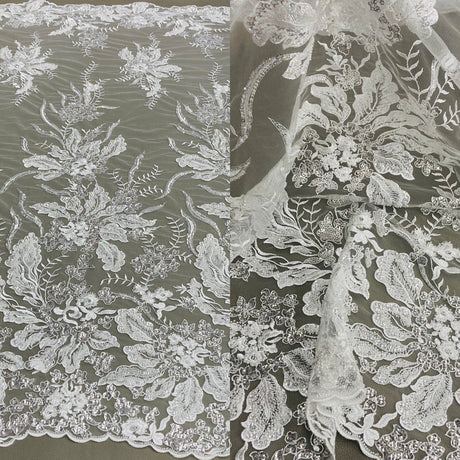 1 Yard Beaded Lace Fabric Embroidered on 100% Polyester Net Mesh