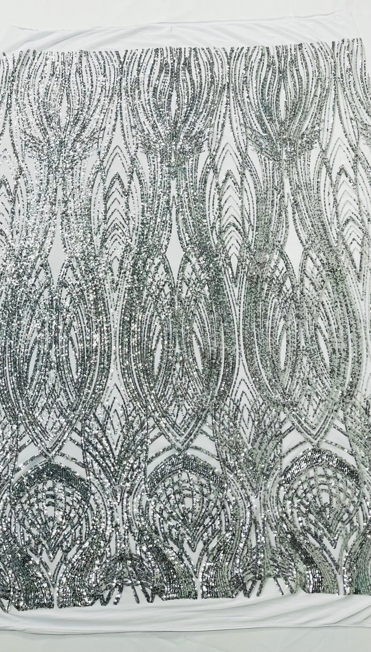 Feather Damask Shiny Sequin Design 4 Way Stretch Mesh Fabric - Iridescent Sequin Embroidered Mesh, 48-50" Width, 36" Length (1 Yard)